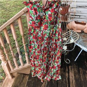 Mondi Floral Maxi Dress 40 Strapless Ruffle Bodice Red Black Green Vintage 80s